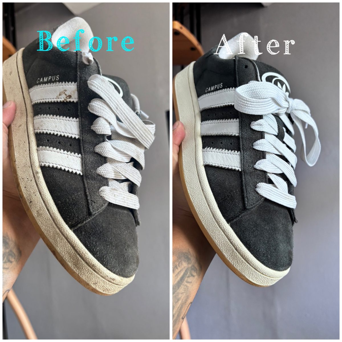 Adidas Campus voor en na cleaning
