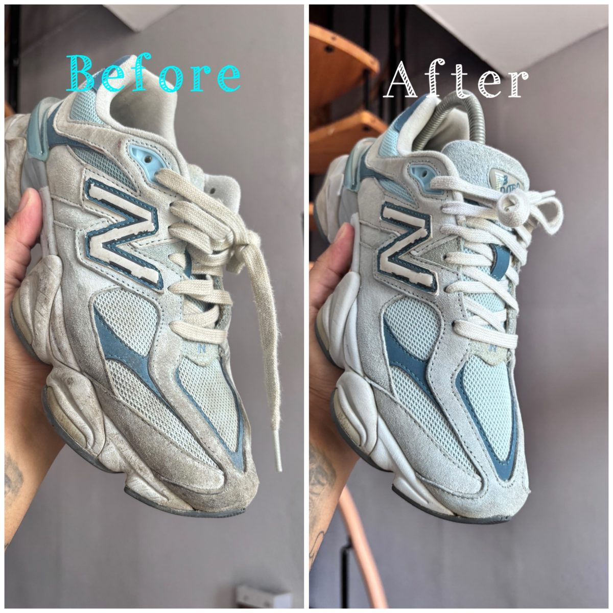 Blauwe New Balance voor en na cleaning