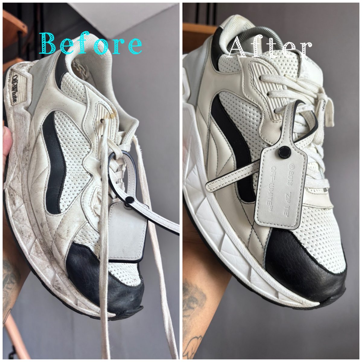 Designer sneaker voor en na cleaning