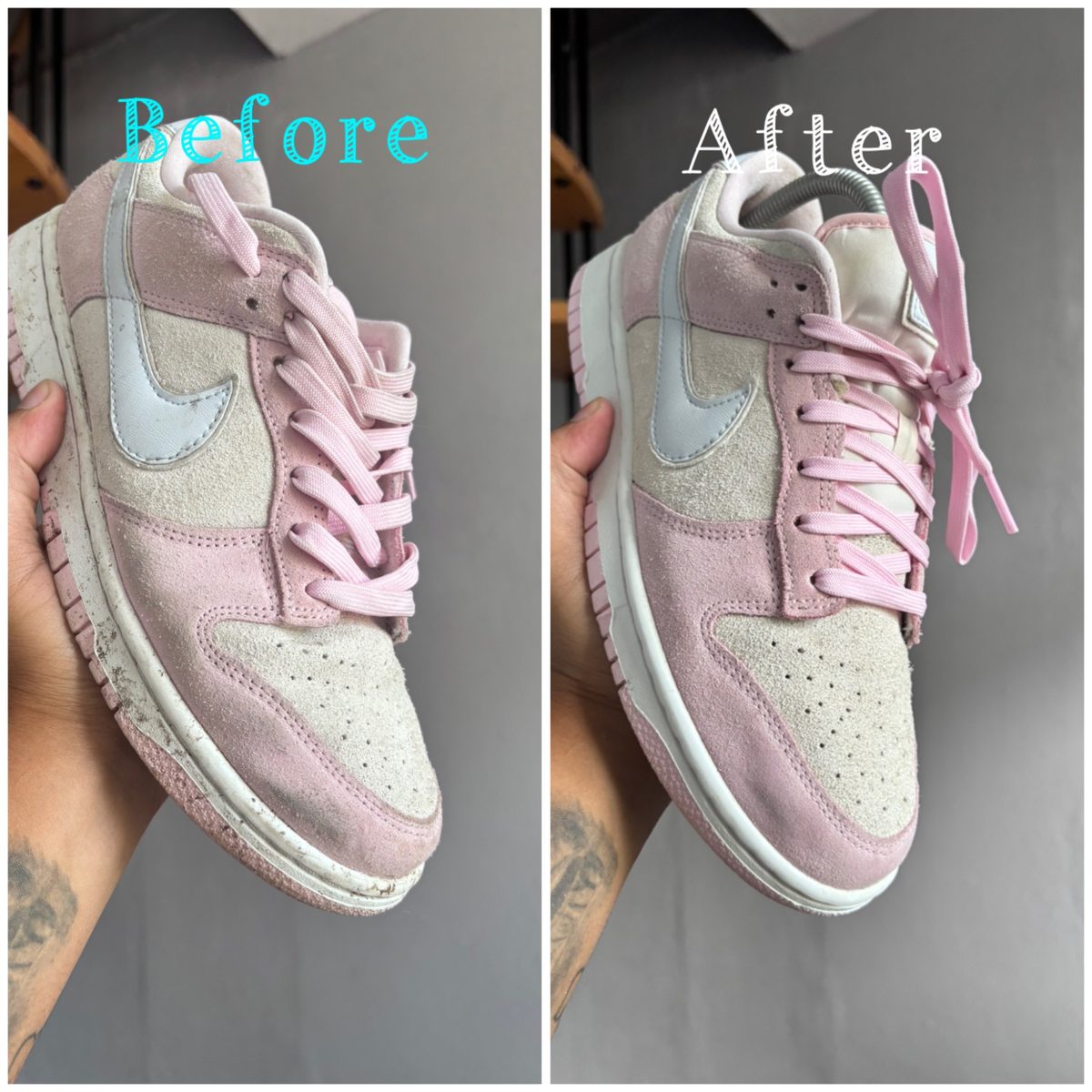 Roze sneaker voor en na cleaning