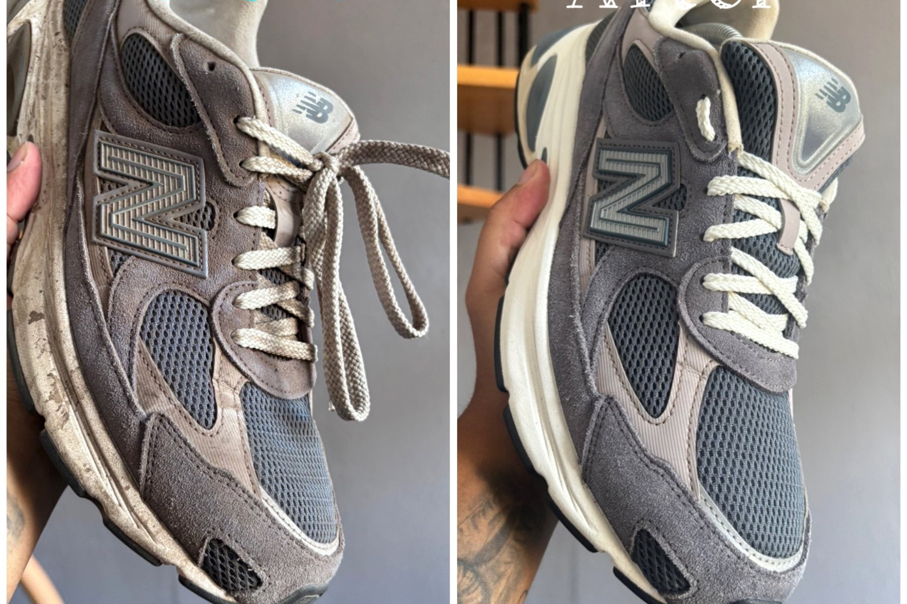 New Balance sneaker voor en na een THERRON STUDIO cleaning